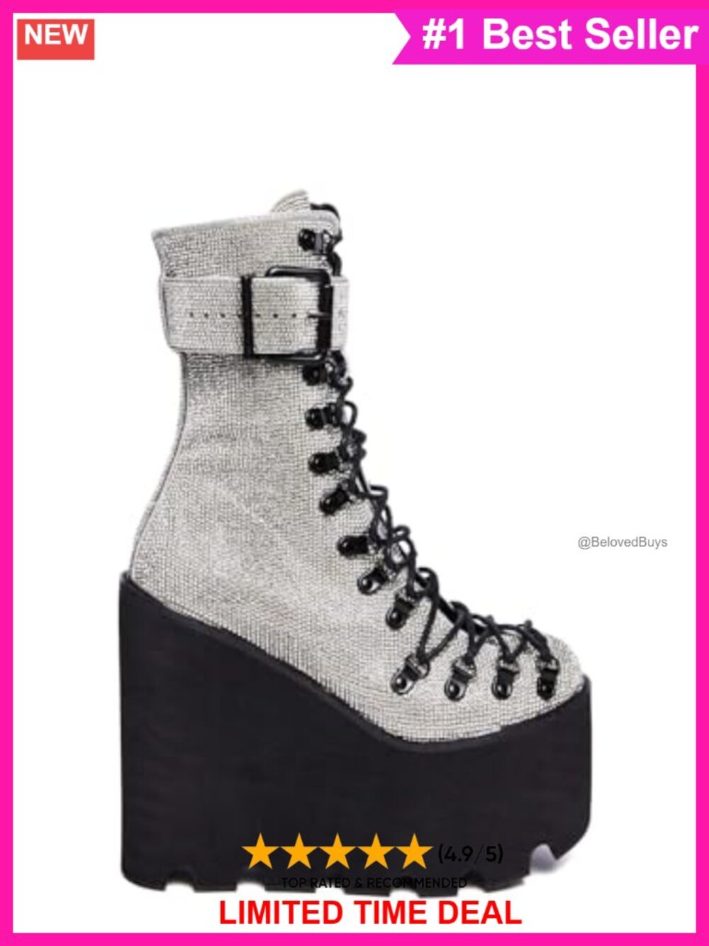 Rhinestone Studded Wedge Platform Mid-Calf Boots Lace-Up Buckle